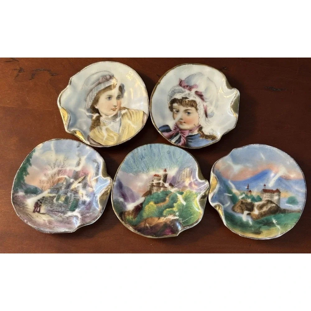 Heubach Germany 1890s Pin Vanity Dishes Portrait Ladies And Landscapes Set Of 5‎